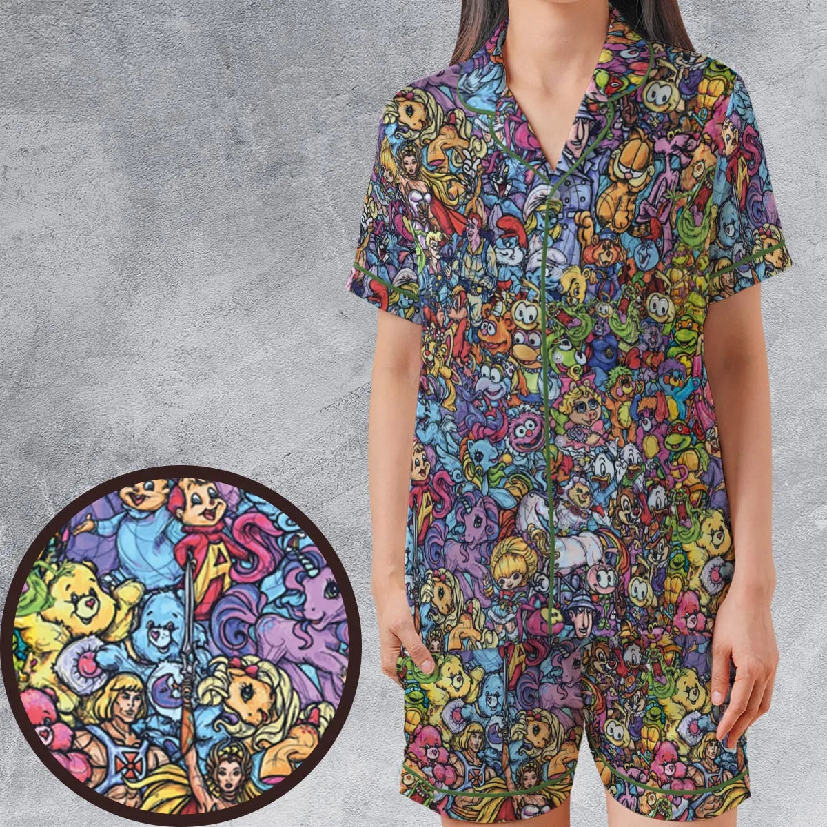 80s Throwback Cartoon Pattern Satin Short-Sleeve Pajamas Set