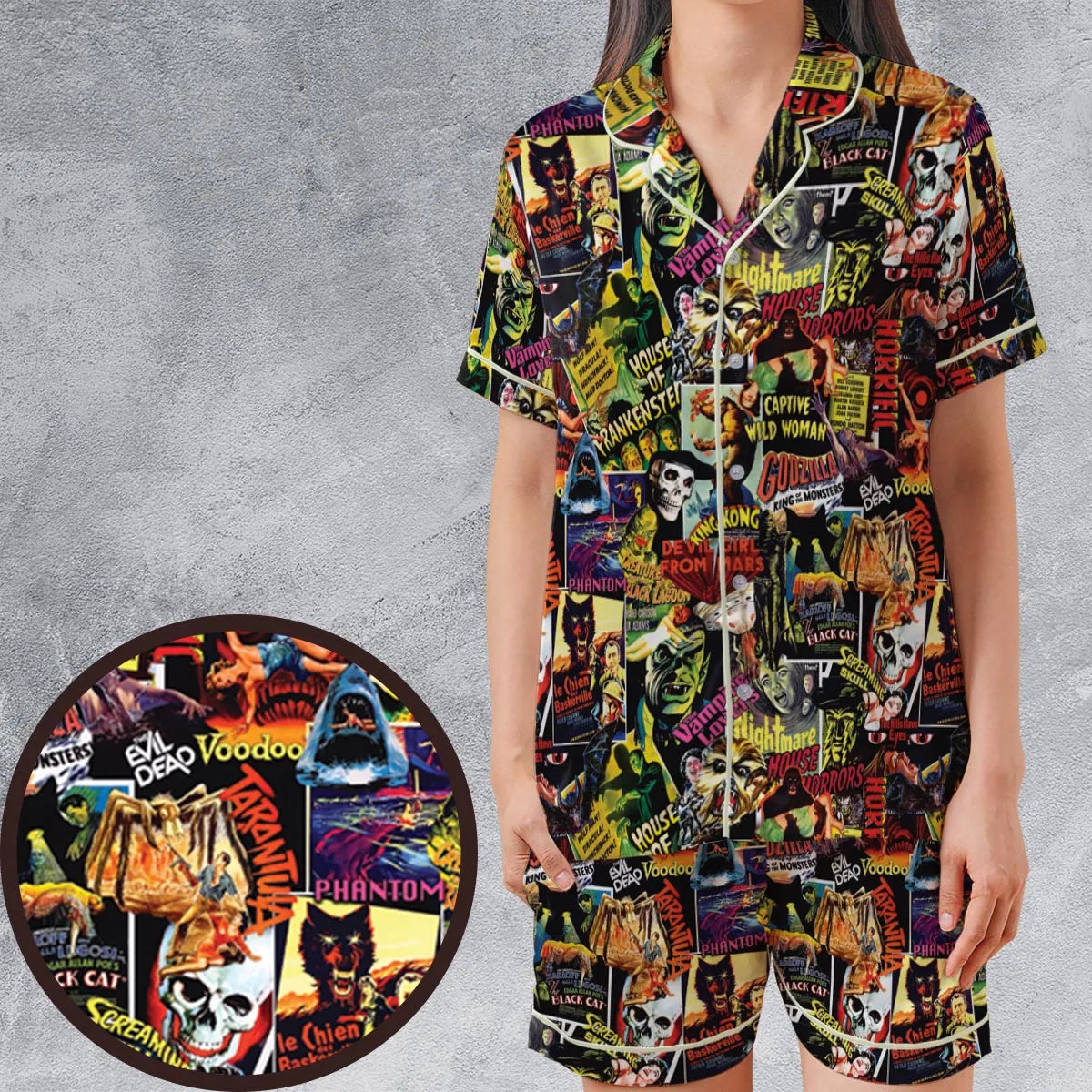 Fright Night Halloween Retro Horror Characters Collage Satin Short-Sleeve Pajamas Set