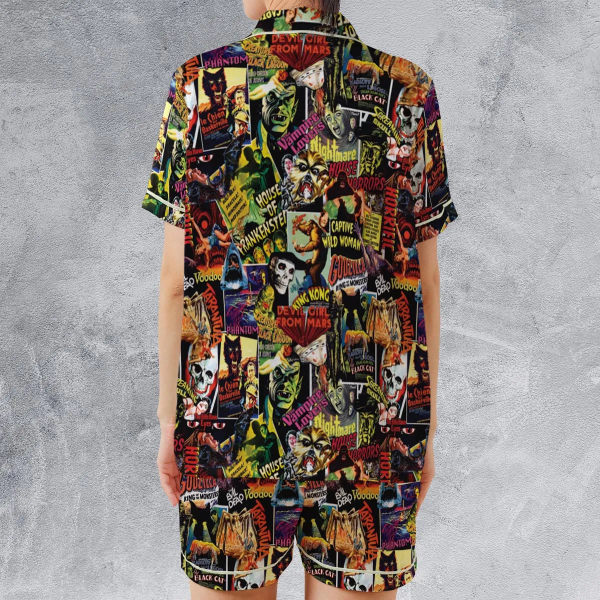 Fright Night Halloween Retro Horror Characters Collage Satin Short-Sleeve Pajamas Set