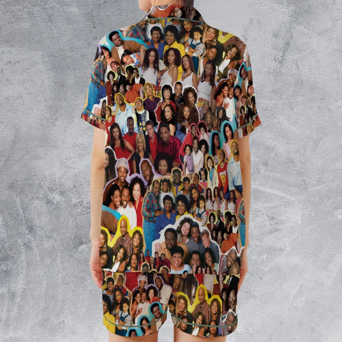 Old Black Sitcom Shows Collage Satin Short-Sleeve Pajamas Set