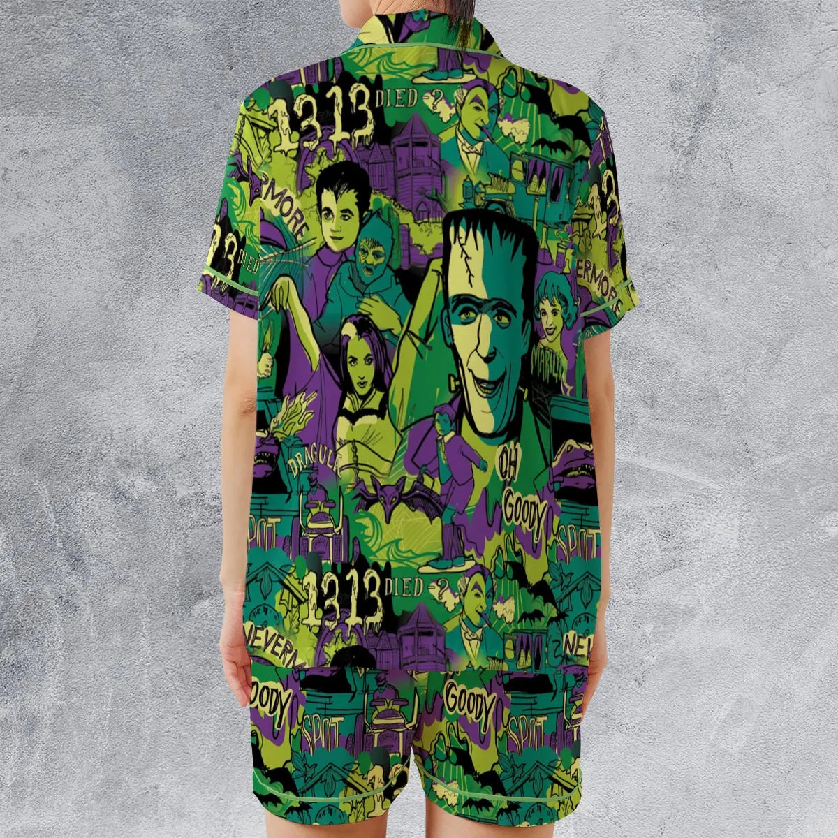 Oh Groovy Frankenstein Universal Horror Satin Short-Sleeve Pajamas Set