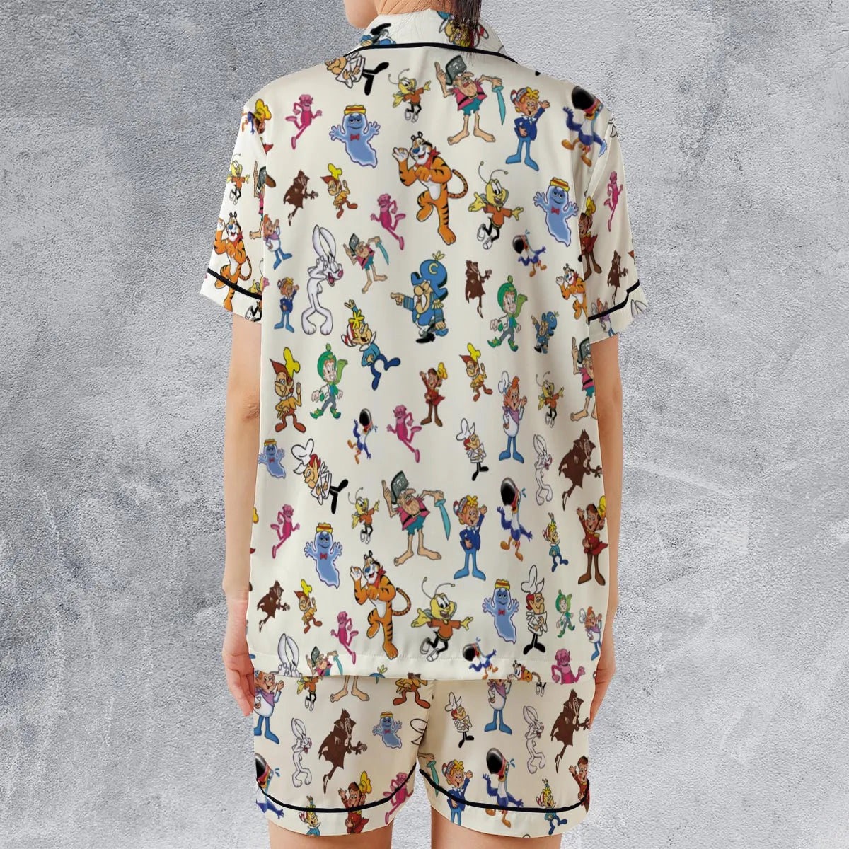 80s 90s Commercial Mascot Cereal Satin Short-Sleeve Pajamas Set