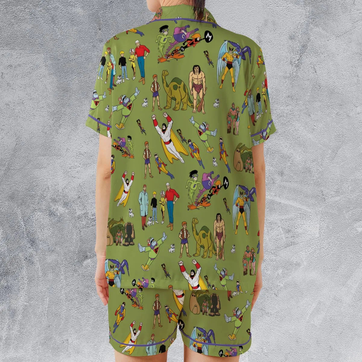 60s Vintage Characters Satin Short-Sleeve Pajamas Set