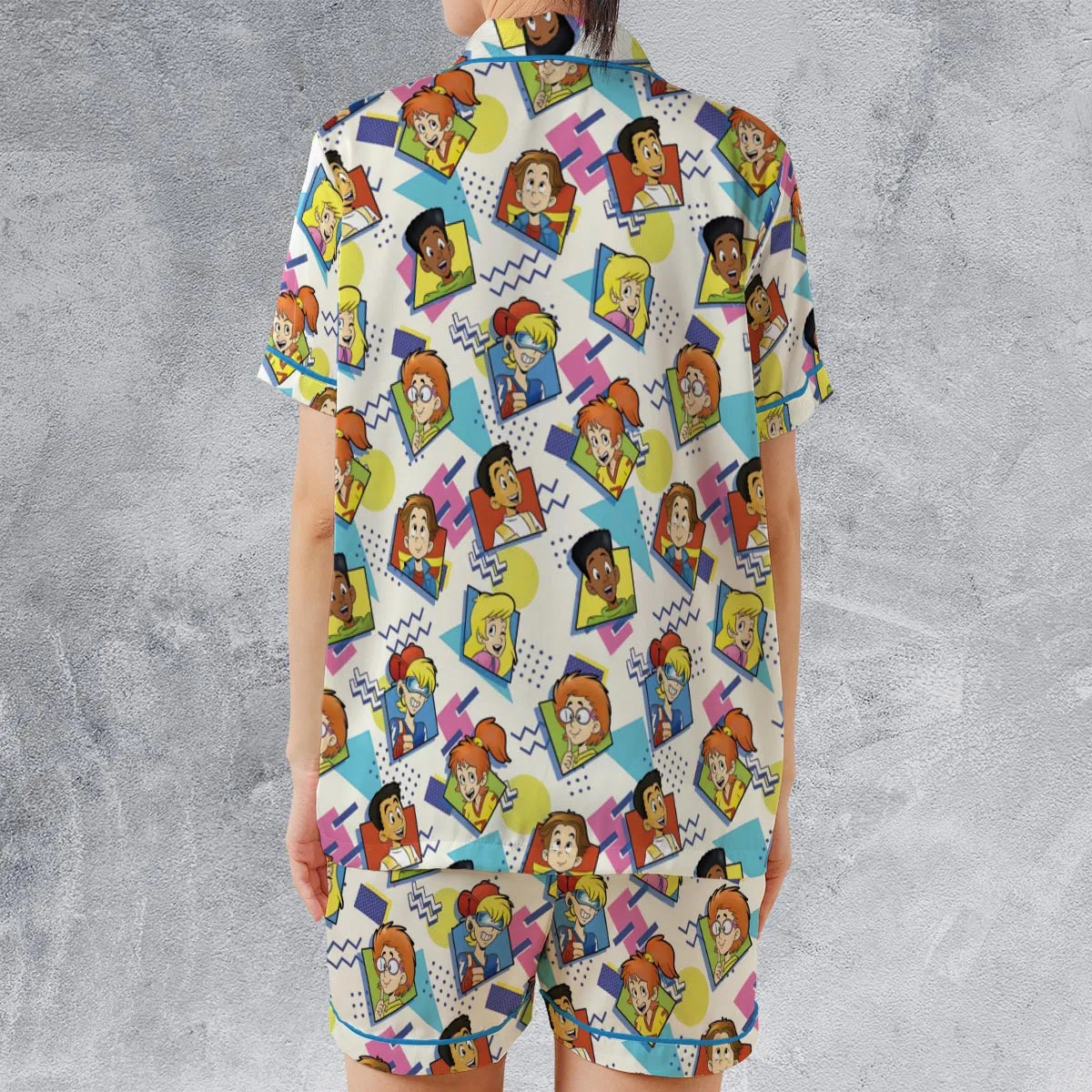 90s Pattern and Kids Club Satin Short-Sleeve Pajamas Set