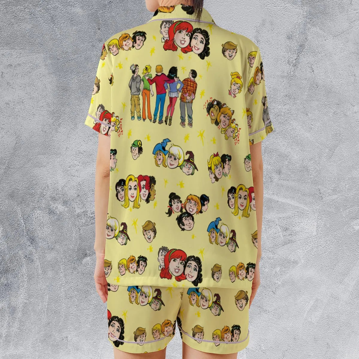 Nostalgic Cartoons in Archie Style Satin Short-Sleeve Pajamas Set