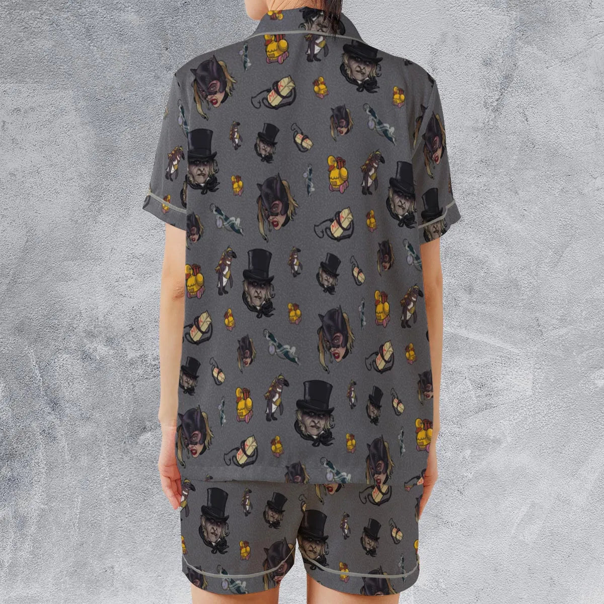 90s Returns Penguin and Catwoman Satin Short-Sleeve Pajamas Set
