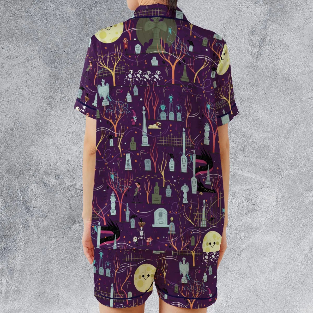 Nostalgic 80s 90s Spooky Scene Satin Short-Sleeve Pajamas Set