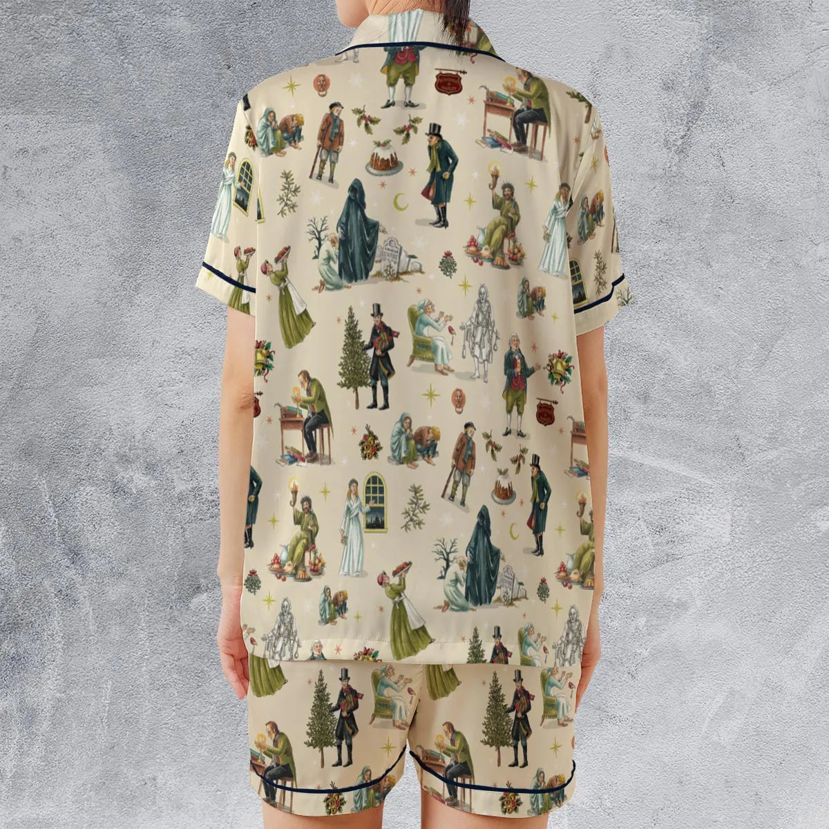 A Christmas Carol Characters Pattern Satin Short-Sleeve Pajamas Set