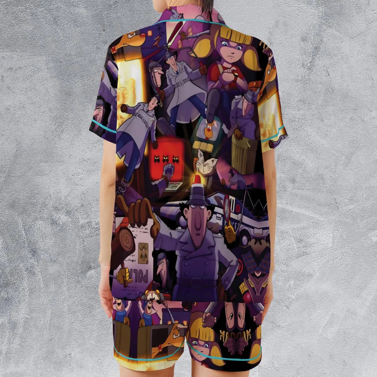 80s Cartoon Inspector Gadget Collage Satin Short-Sleeve Pajamas Set