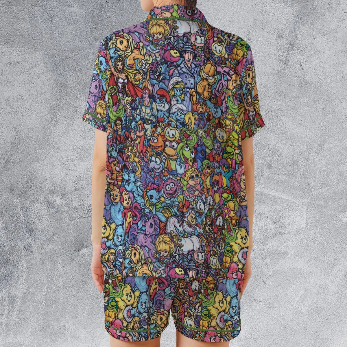 80s Throwback Cartoon Pattern Satin Short-Sleeve Pajamas Set
