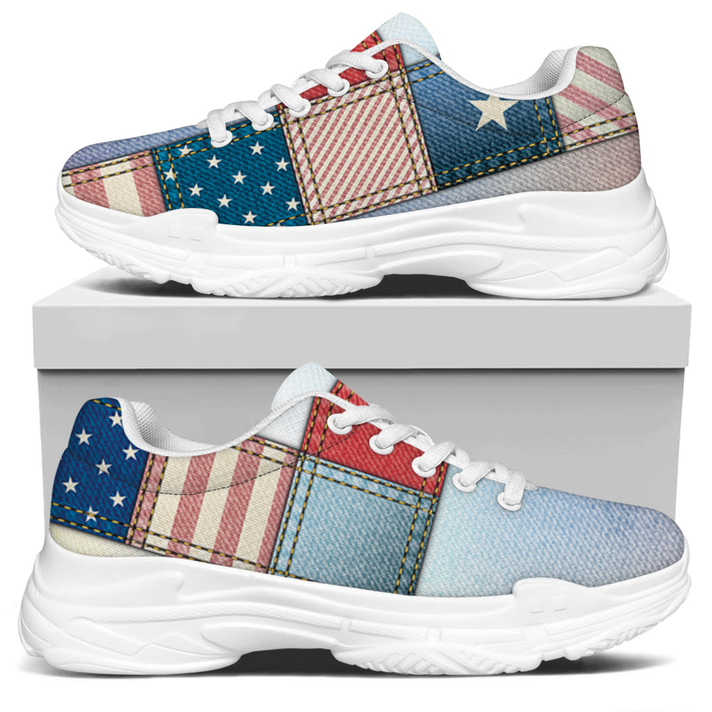4th of July USA Denim Patchwork Print White Chunky Shoes