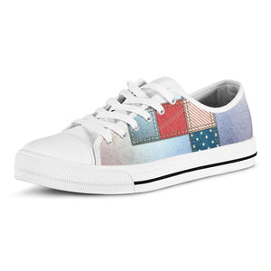 4th of July USA Denim Patchwork Print White Low Top Sneakers