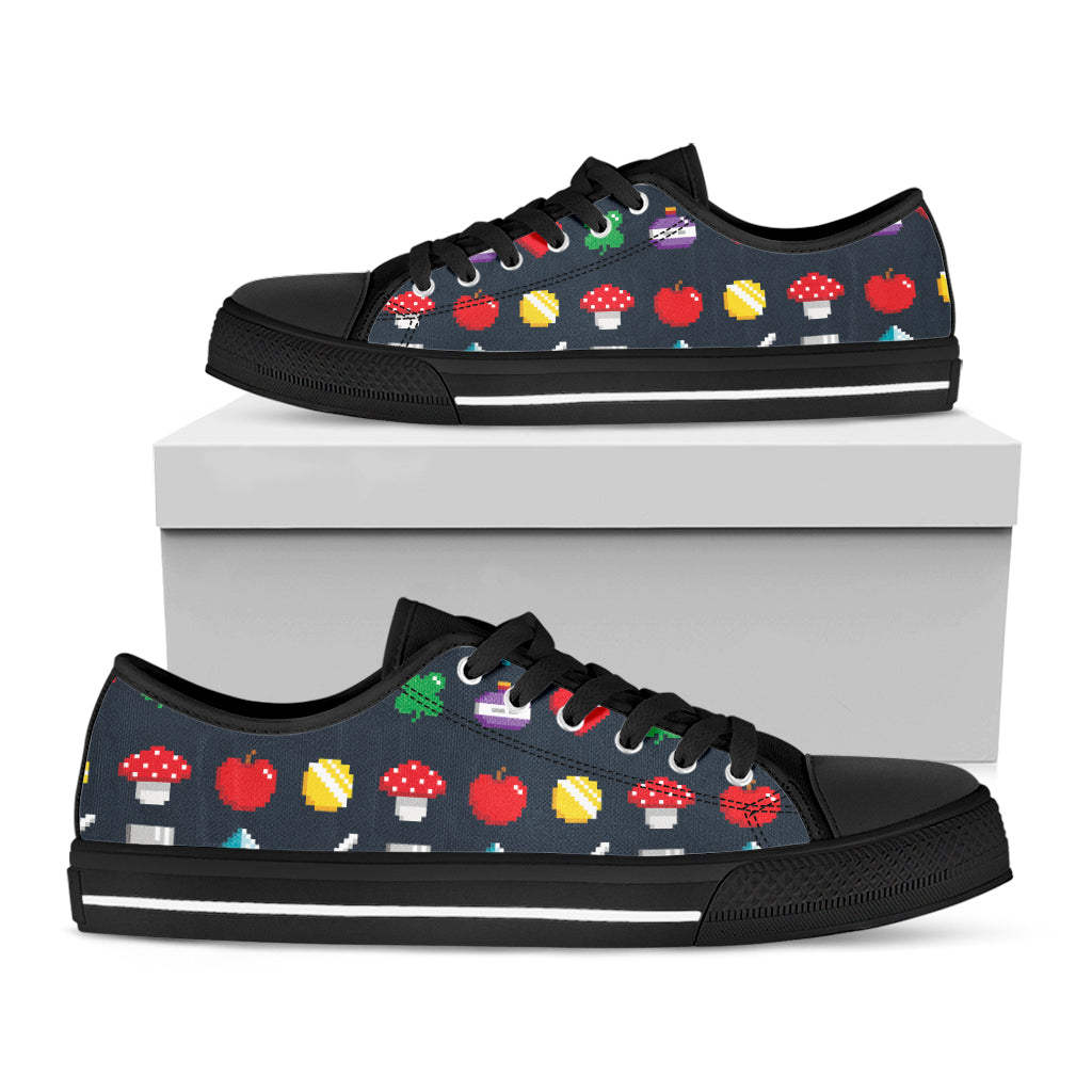 8-Bit Pixel Game Items Print Black Low Top Sneakers