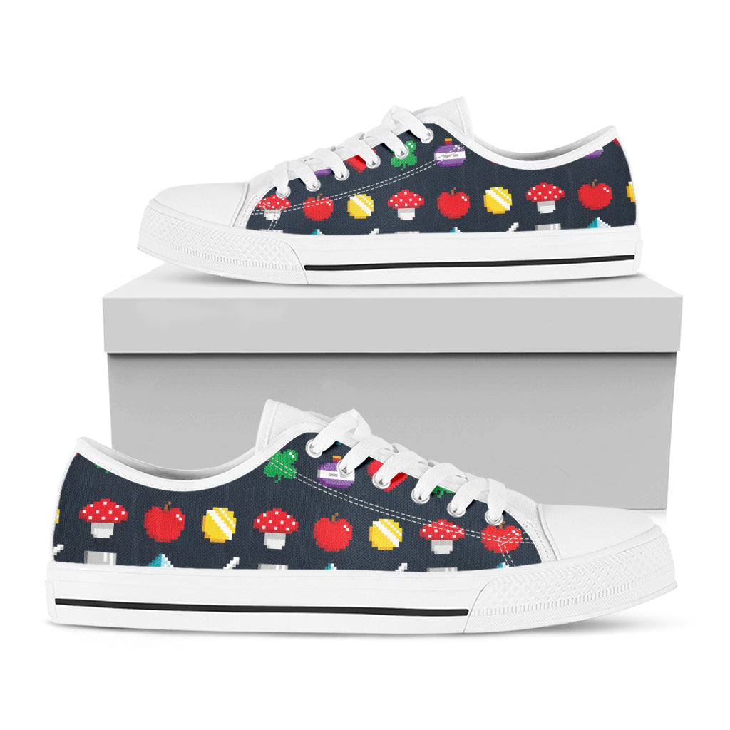 8-Bit Pixel Game Items Print White Low Top Sneakers