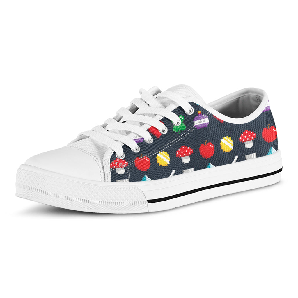 8-Bit Pixel Game Items Print White Low Top Sneakers