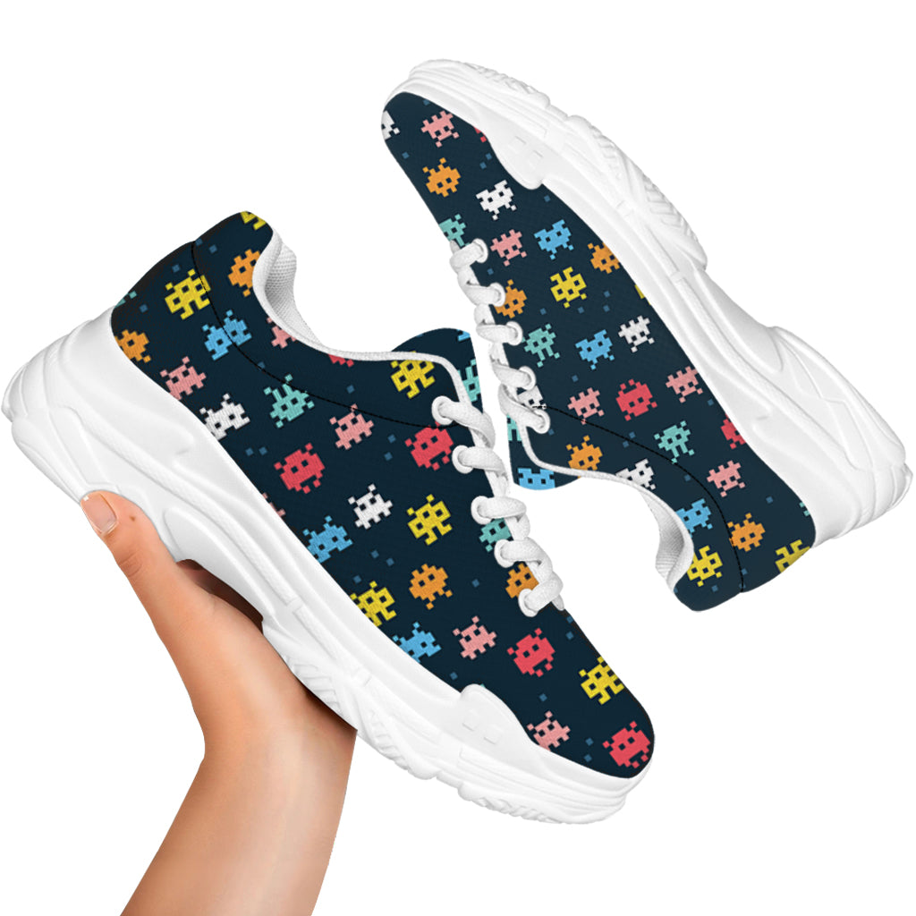 8-Bit Video Game Monsters Pattern Print White Chunky Shoes