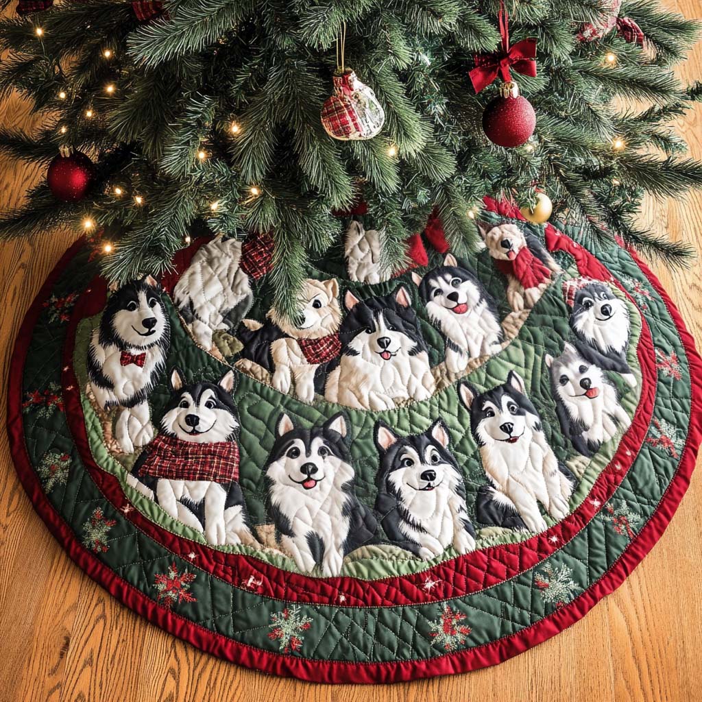 Arctic Husky Christmas Quilted Tree Skirt Cozy Holiday Tree Skirt to Brighten Your Home