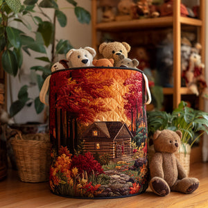 Autumn Cabin Pines Quilted Laundry Basket Merch For Home And Bedroom