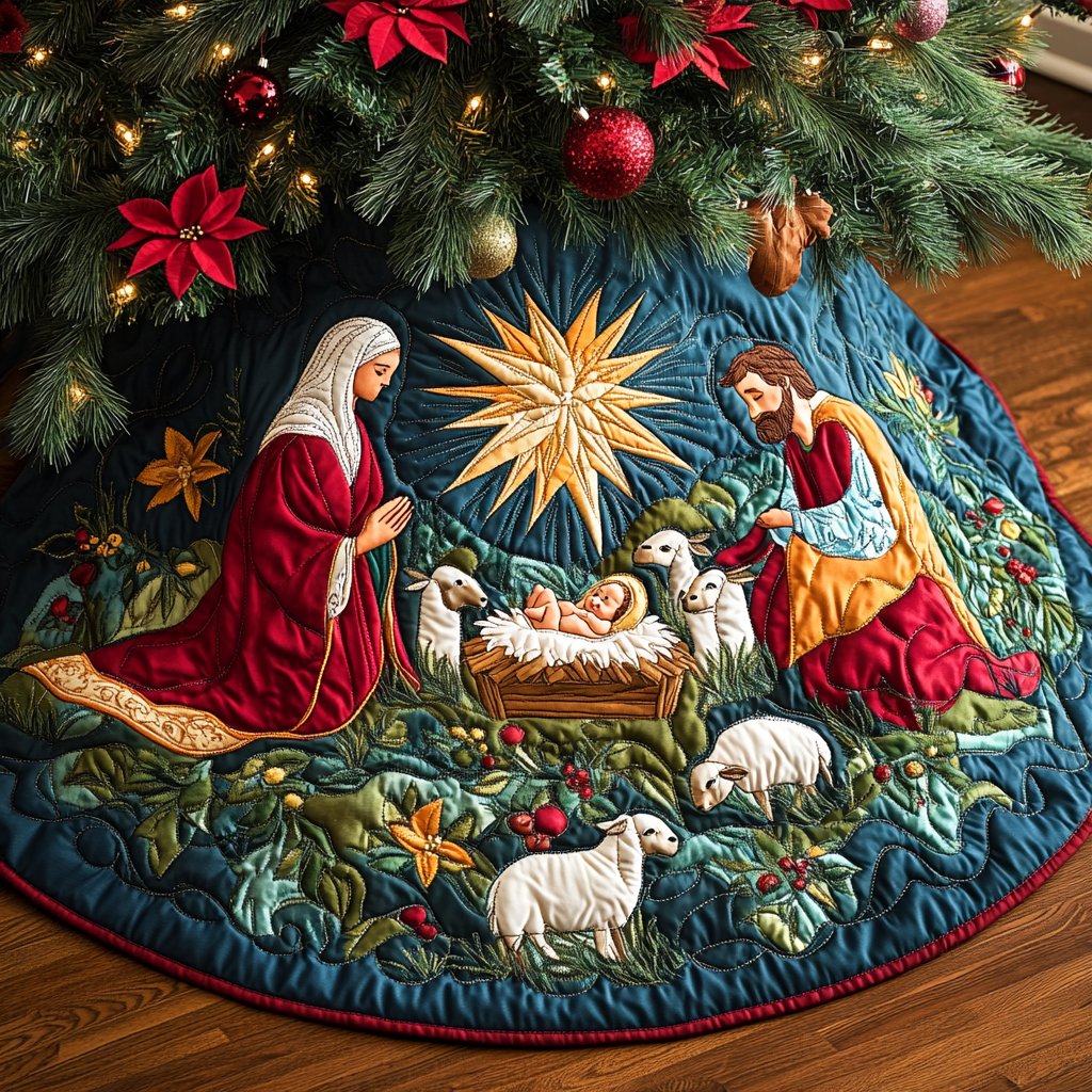 Bethlehem Star Christmas Quilted Tree Skirt Lovely Gift Merch for a Festive Home