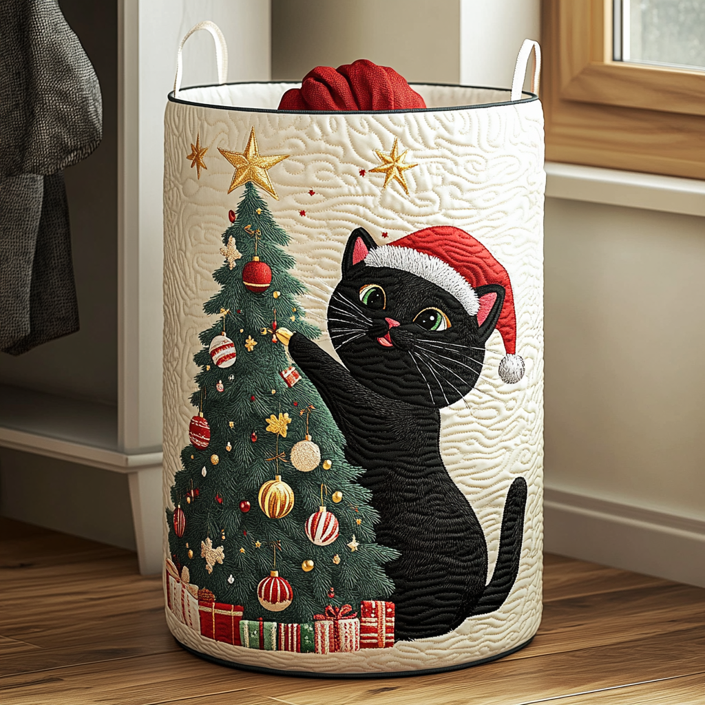 Black Cat Charm Quilted Laundry Basket Mother’s Day Merch Gift