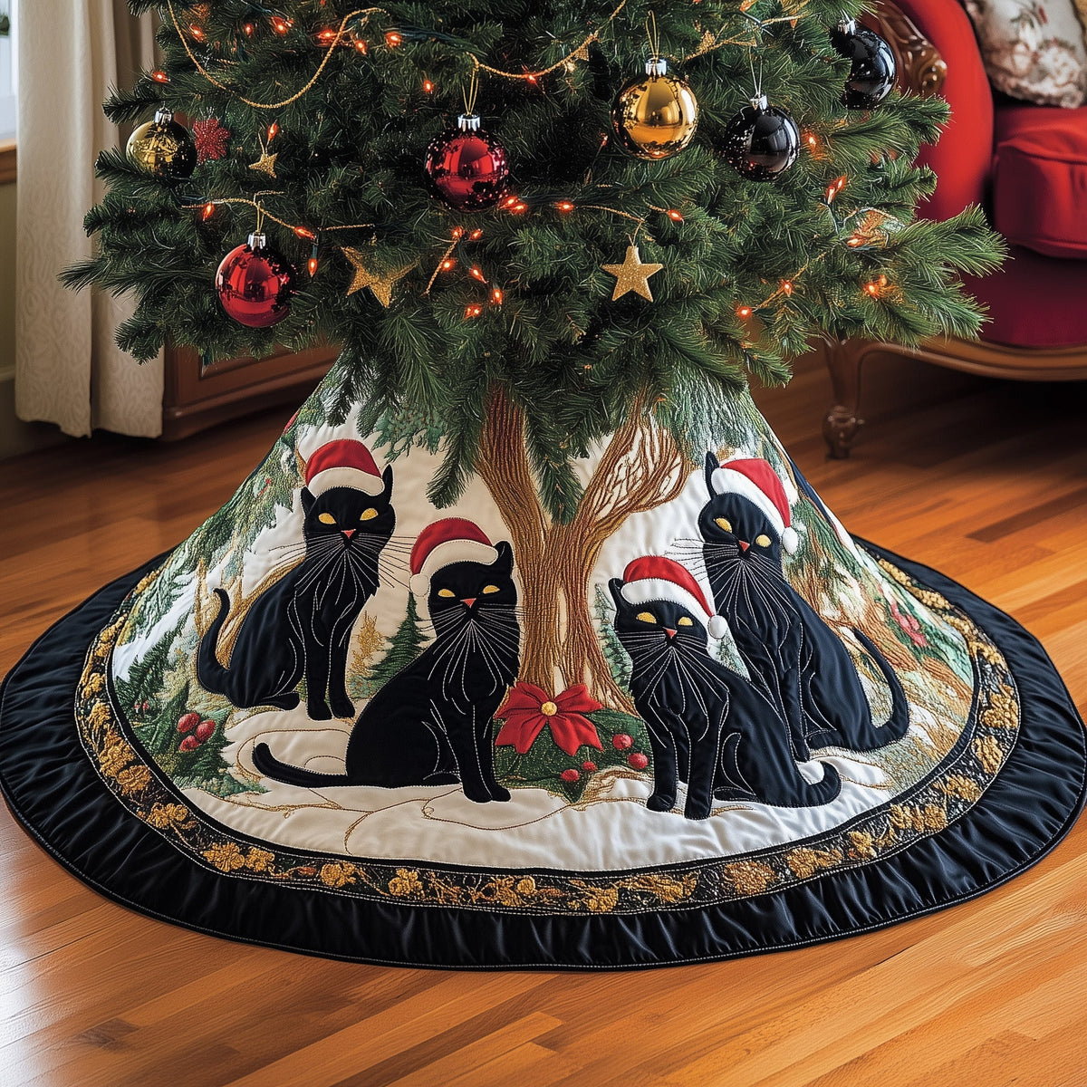 Black Holiday Cat Quilted Tree Skirt Spring Merch Pick