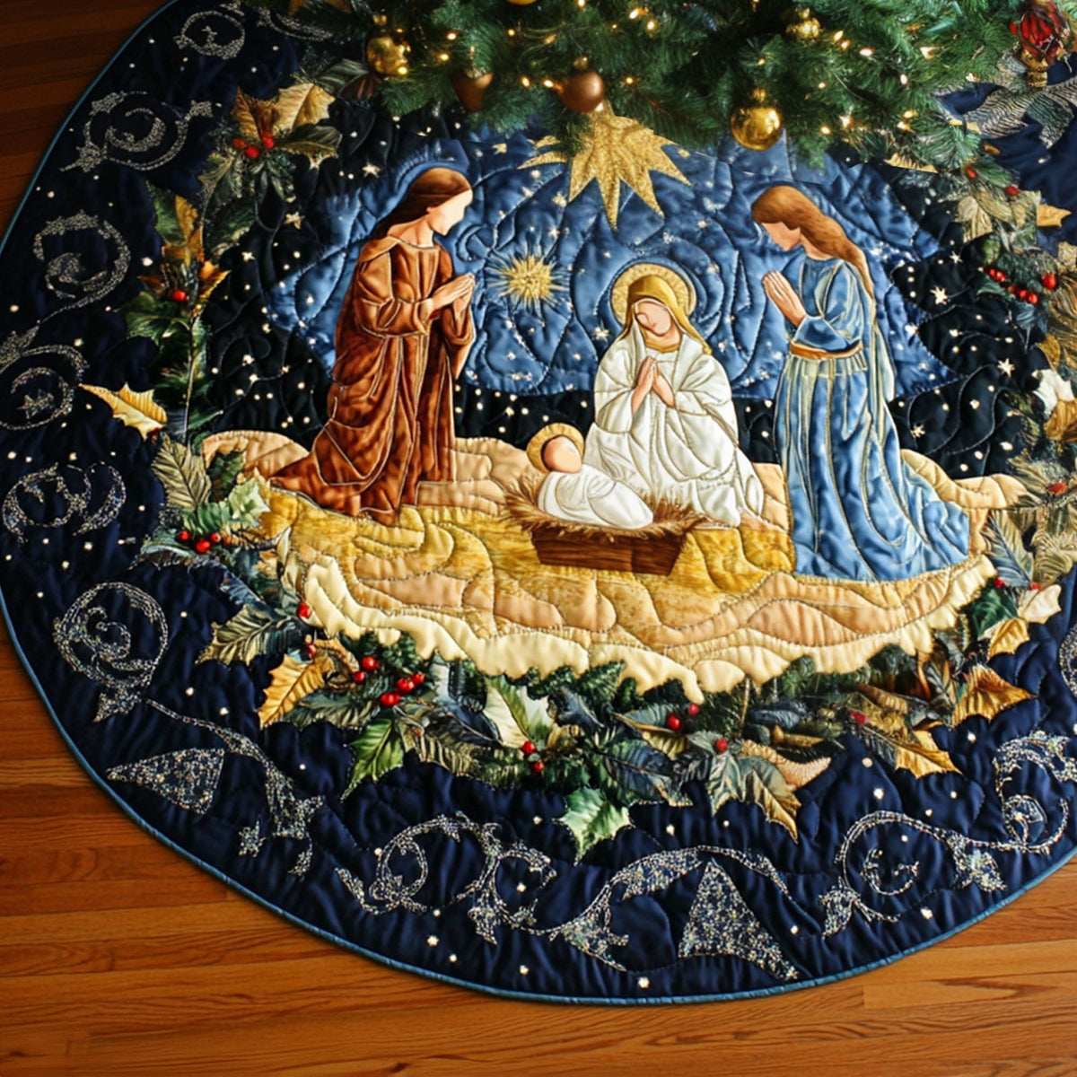 Blessed Night Quilted Christmas Tree Skirt Popular Gift Merch for Christmas Enthusiasts