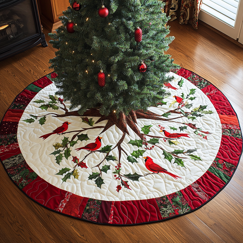Bright Cardinal Blessings Christmas Quilted Tree Skirt Charming Tree Skirt for Family Gatherings