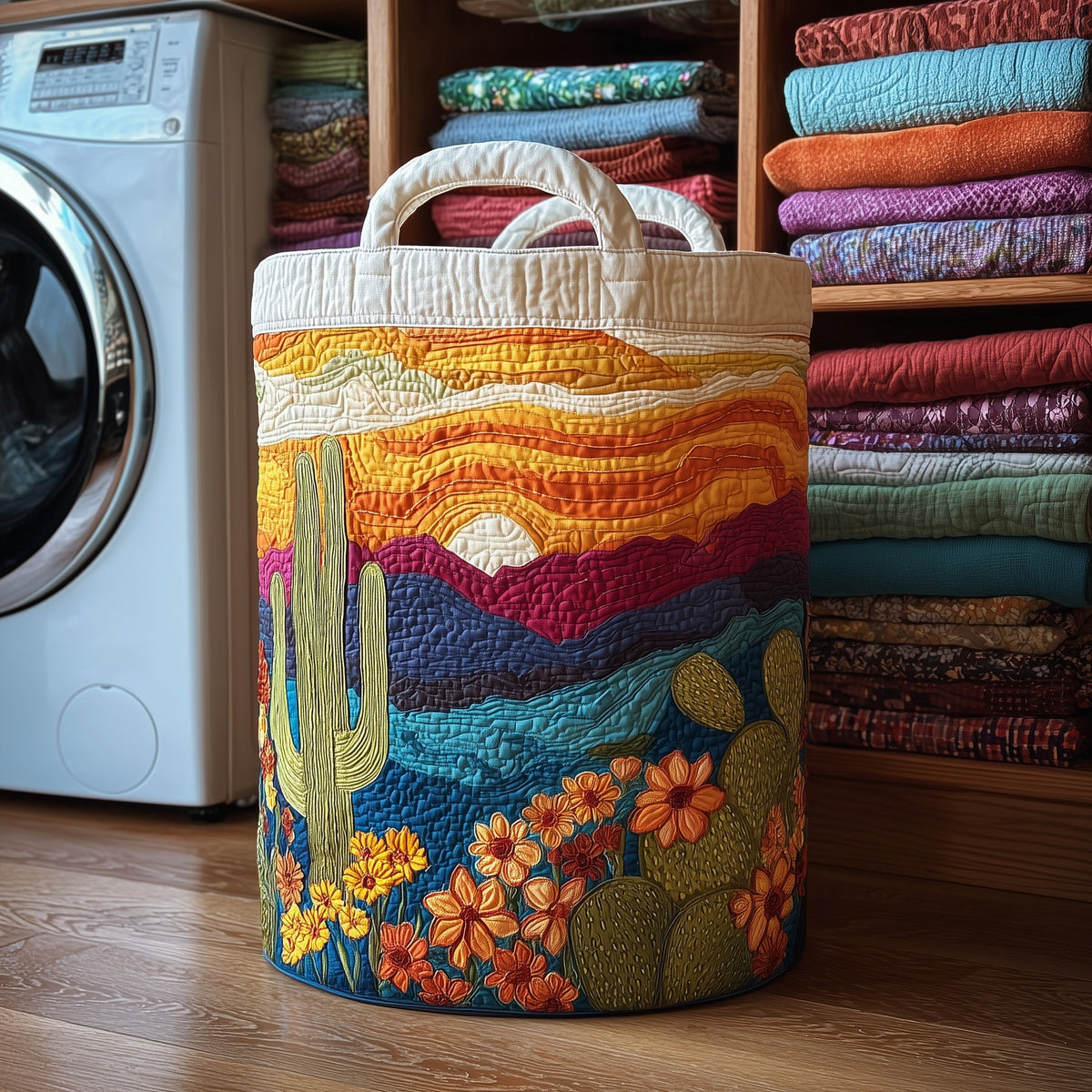 Cactus Sunset Quilted Laundry Basket Merch For Home And Living(1)