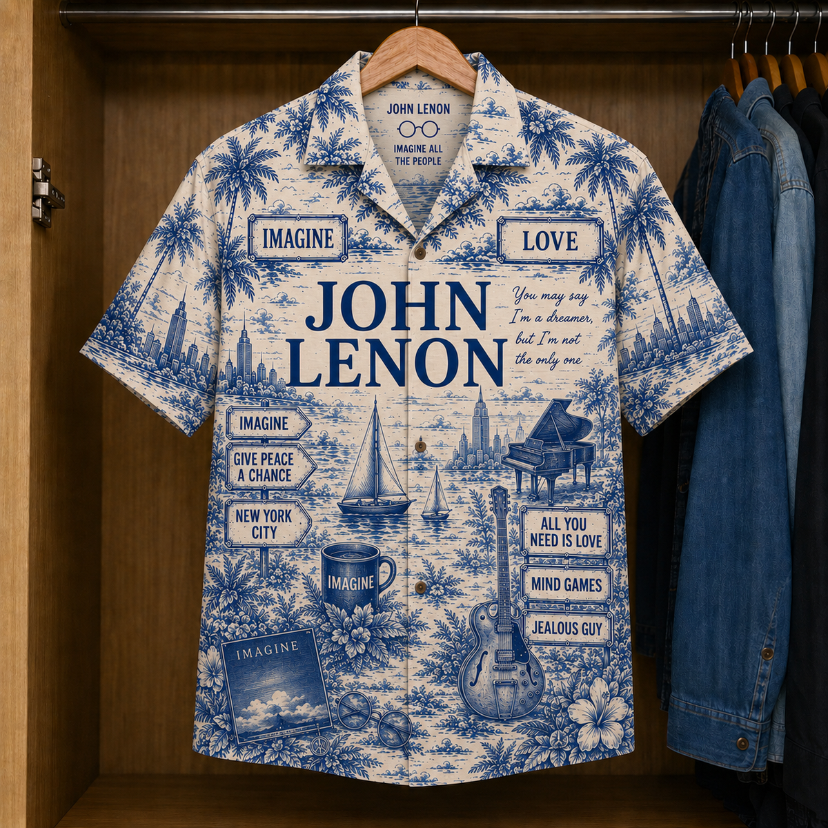 John Lennon Hawaiian Shirt Vintage Tropical Toile Button-Up Featuring Imagine, Give Peace a Chance & New York-Inspired Artwork