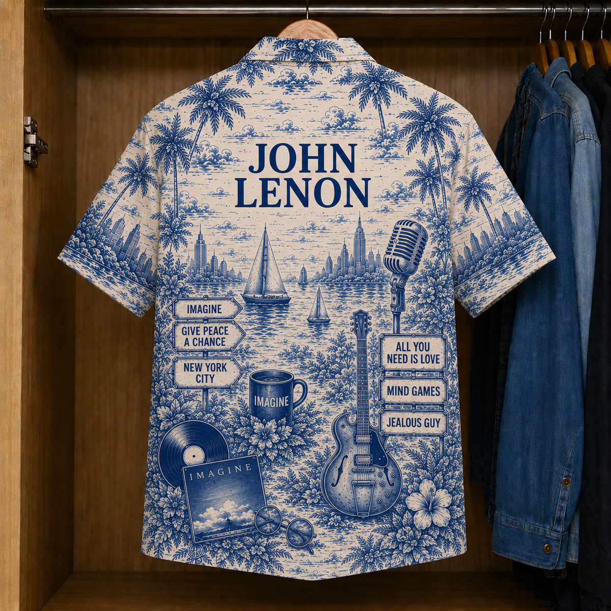 John Lennon Hawaiian Shirt Vintage Tropical Toile Button-Up Featuring Imagine, Give Peace a Chance & New York-Inspired Artwork