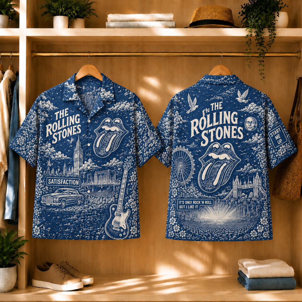 The Rolling Stones Toile Hawaiian Shirt - Rock and Roll Vintage All-Over Print Button-Up Shirt