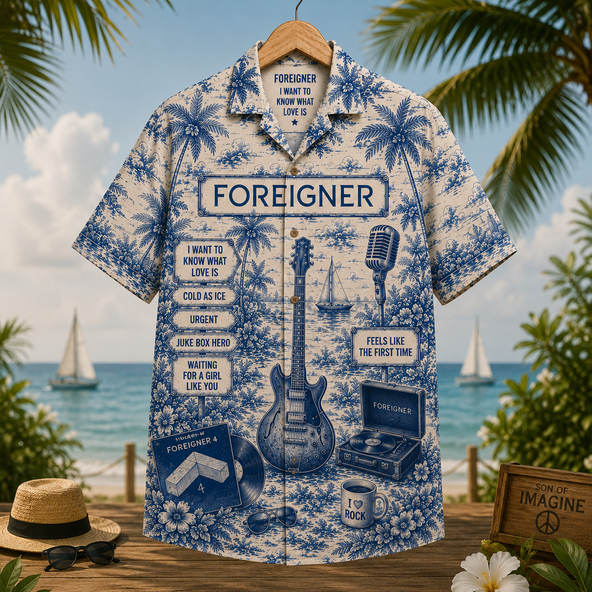 Foreigner Hawaiian Shirt Vintage Tropical Rock Button-Up Featuring I Want to Know What Love Is, Cold as Ice & Juke Box Hero