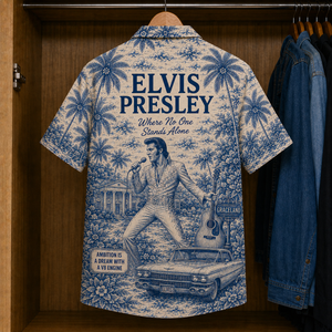Elvis Presley Hawaiian Shirt Vintage Tropical Rock ’n’ Roll Button-Up Featuring Graceland, Hound Dog & Jailhouse Rock