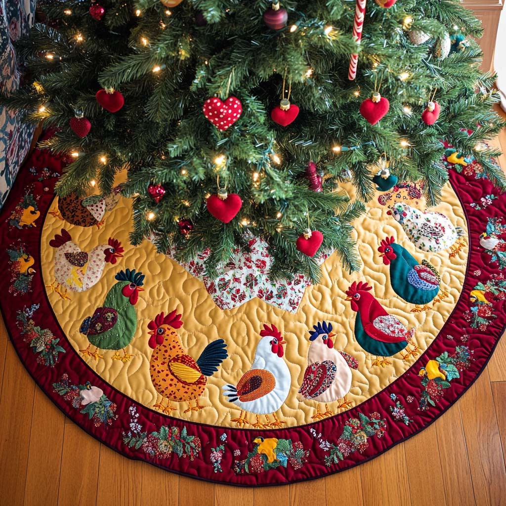 Cheerful Christmas Cluckers Christmas Quilted Tree Skirt Special Holiday Tree Skirt Gift for Newlyweds