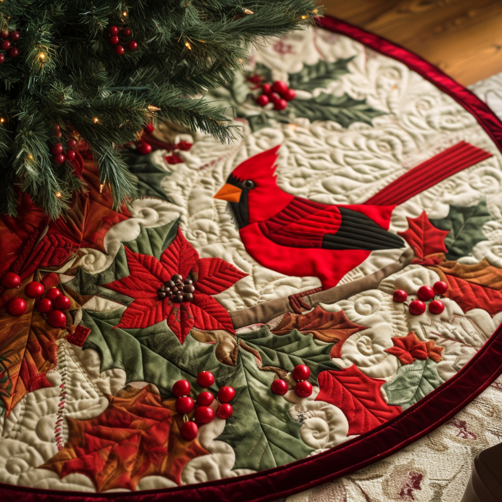 Christmas Cardinal Elegance Quilted Christmas Tree Skirt Seasonal Gift Merch for Festive Homes