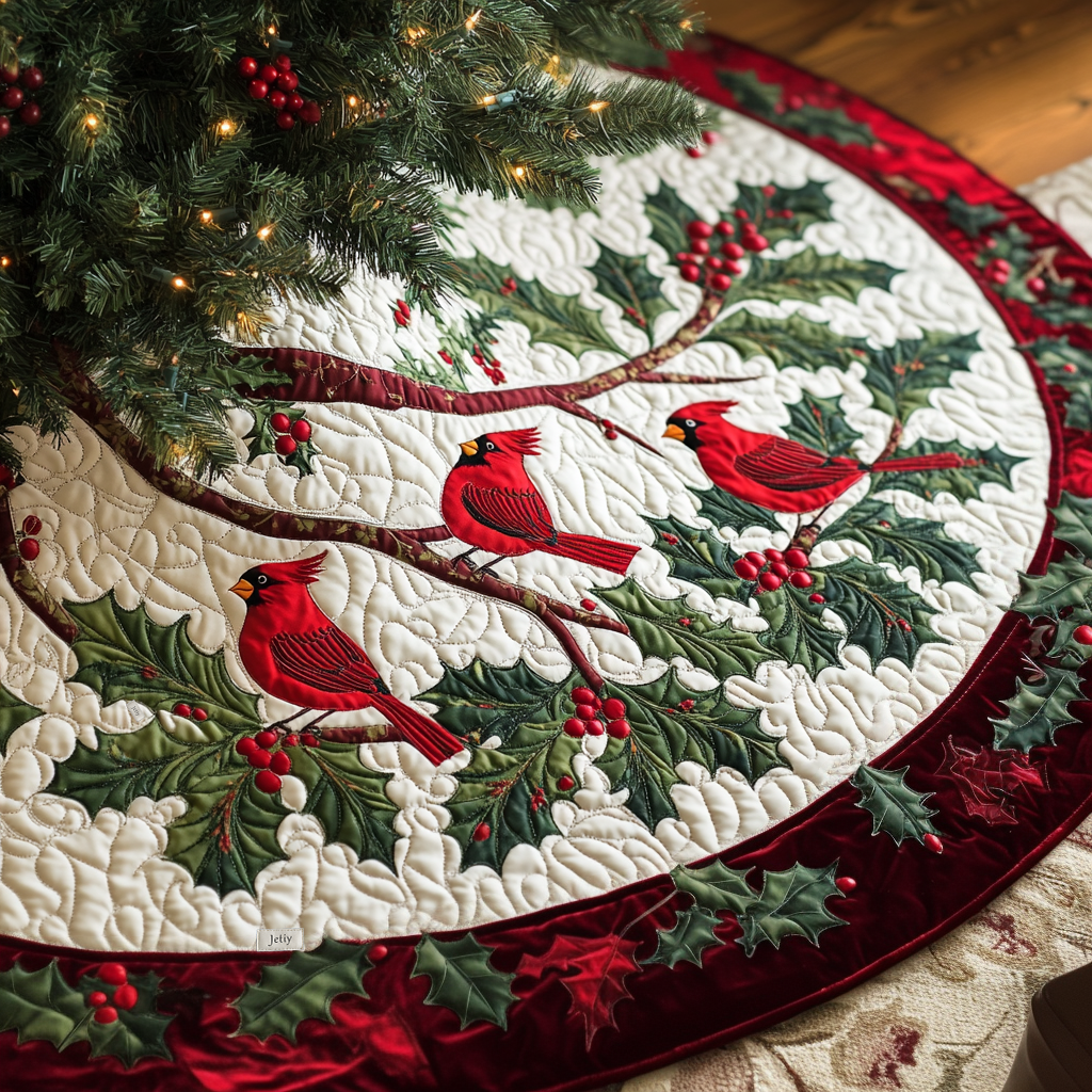 Christmas Cardinal Quilted Christmas Tree Skirt Charming Tree Skirt for Family Gatherings