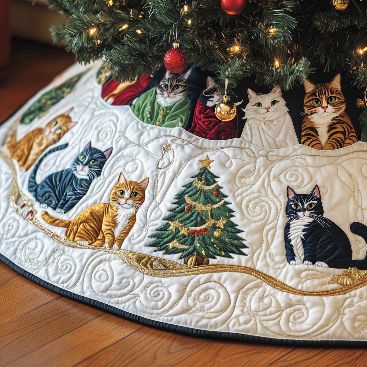Christmas Cat Quilted Tree Skirt Merch For Mom