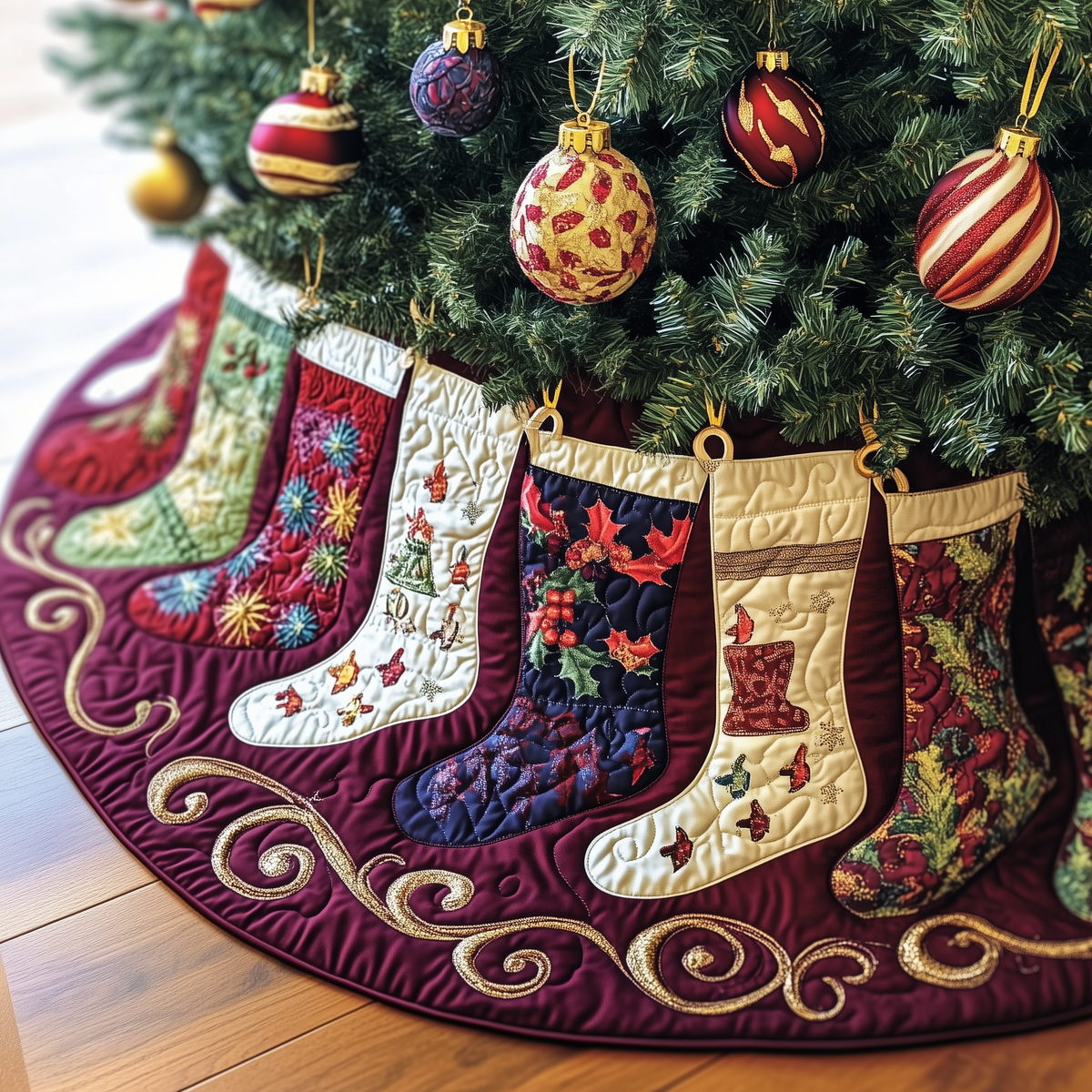Christmas Stockings Quilted Tree Skirt Joyful Holiday Season Gift Merch