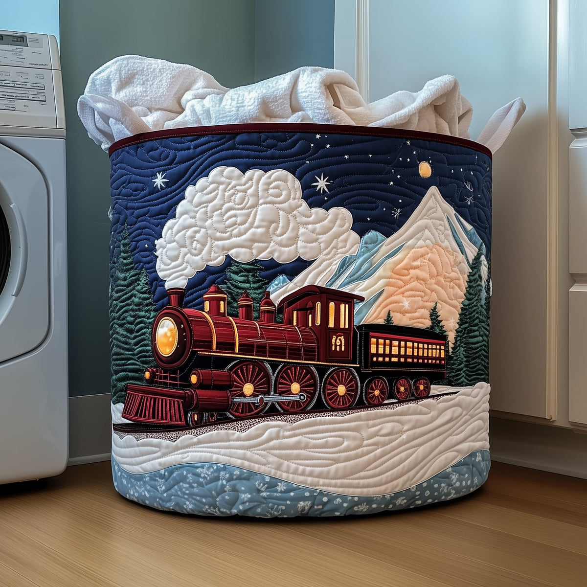Christmas Train Quilted Laundry Basket Valentine’s Day Merch Gift