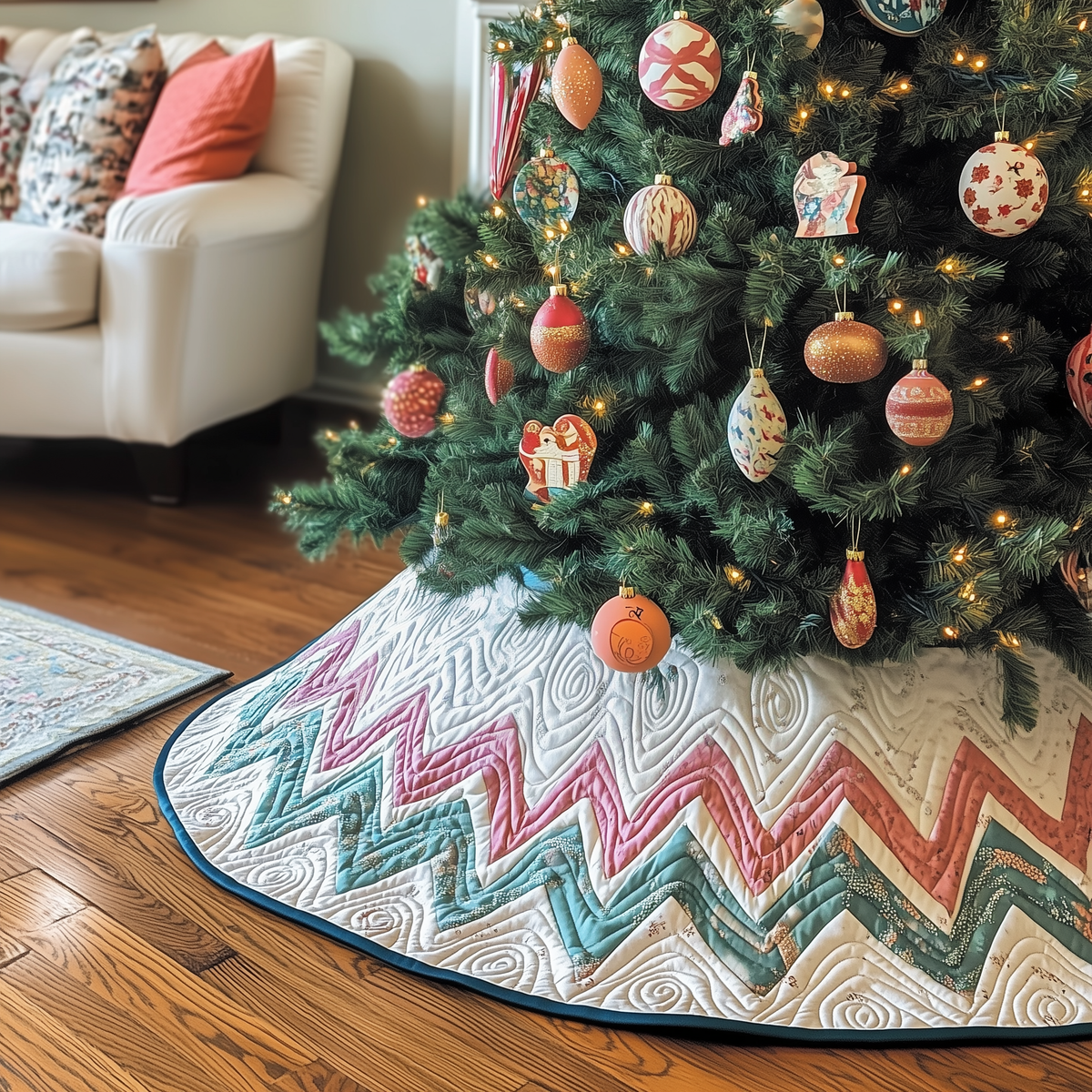 Classic Chevron Patchwork Quilted Tree Skirt Thoughtful Gift Merch For Dad