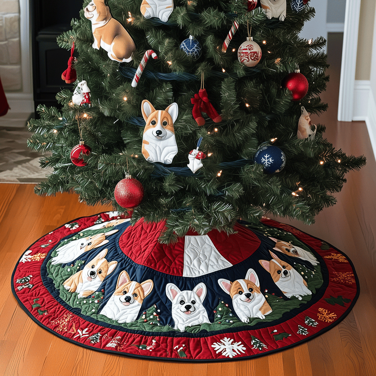 Corgi Xmas Quilted Christmas Tree Skirt Charming Tree Skirt for Family Gatherings