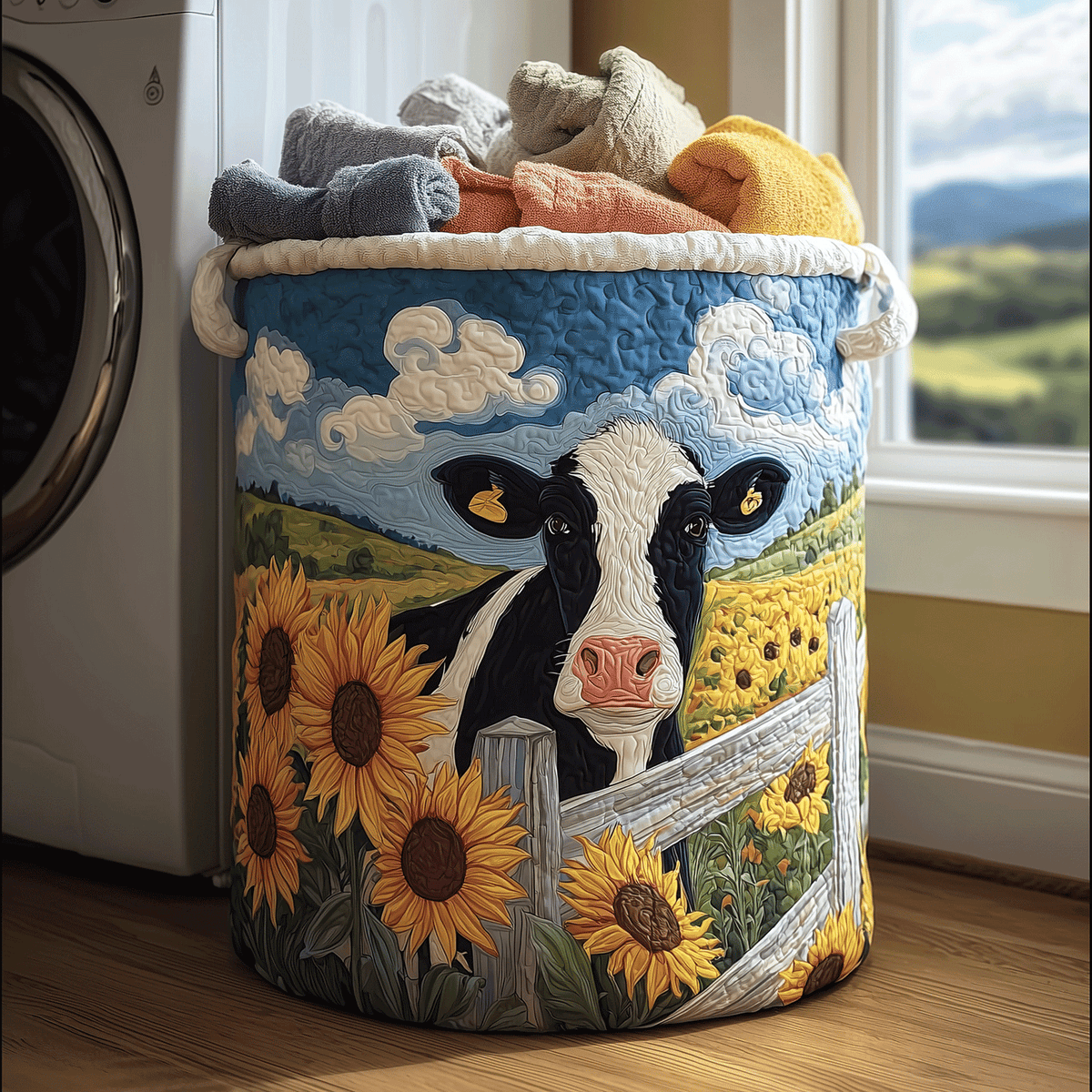 Farmhouse Cow Quilted Laundry Basket Anniversary Merch Gift
