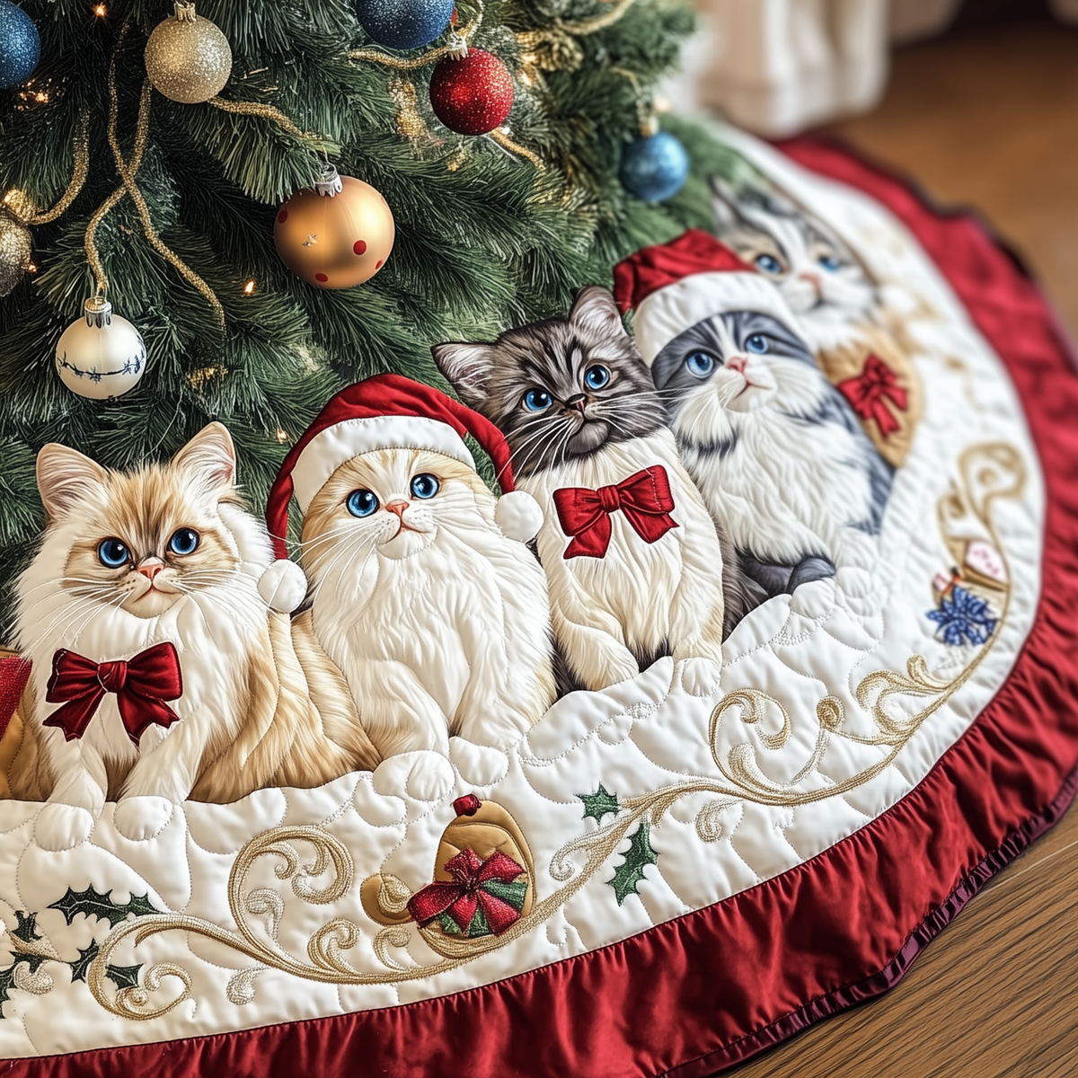 Festive Cat Quilted Tree Skirt Unique Gift Merch For Friends