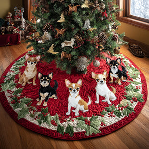 Festive Chihuahua Quilted Christmas Tree Skirt Charming Tree Skirt for Family Gatherings Thoughtful Christmas Tree Skirt Gift Idea Magical Christmas Tree Skirt to Impress Guests