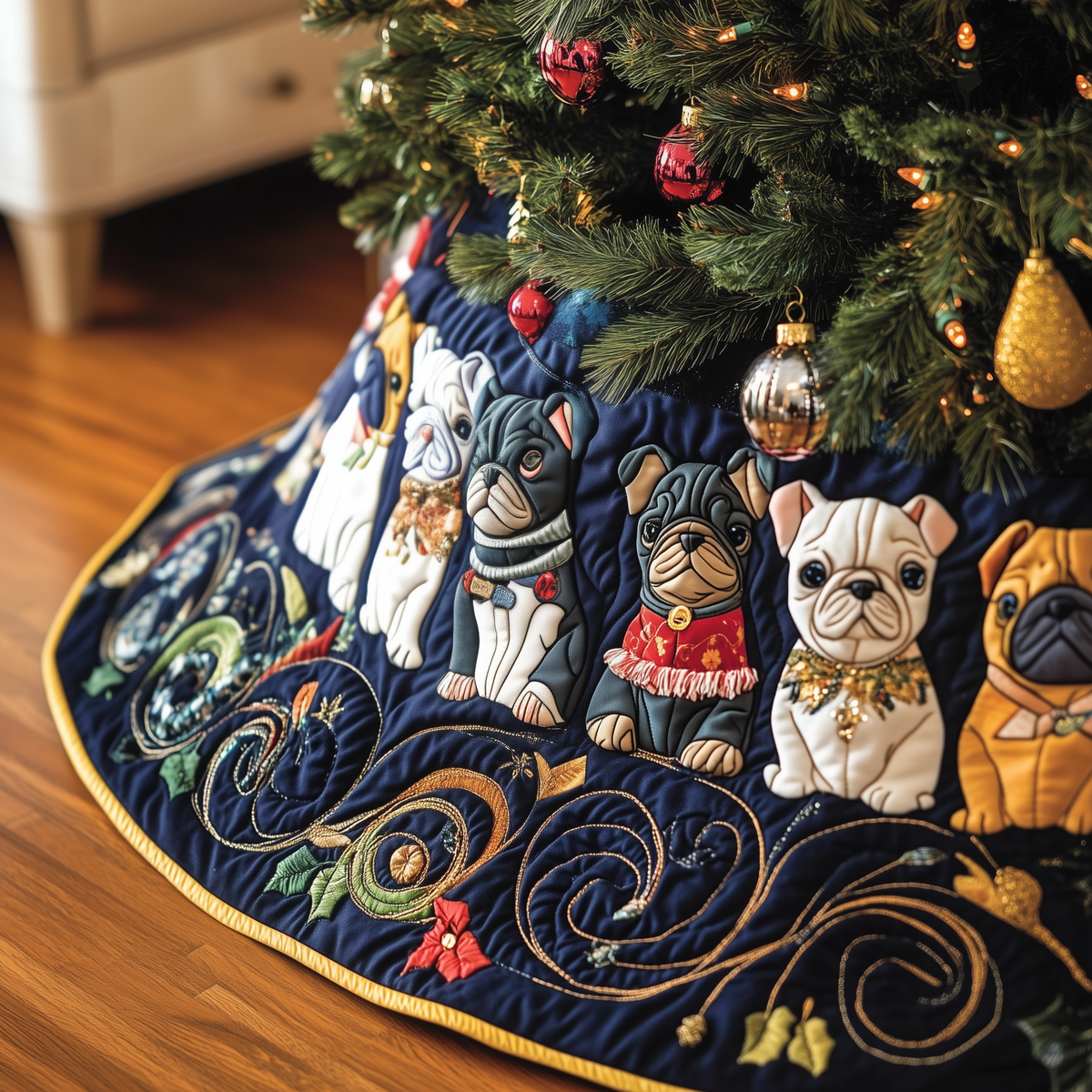 Festive French Bulldog Quilted Tree Skirt Joyful Home Merch Collection