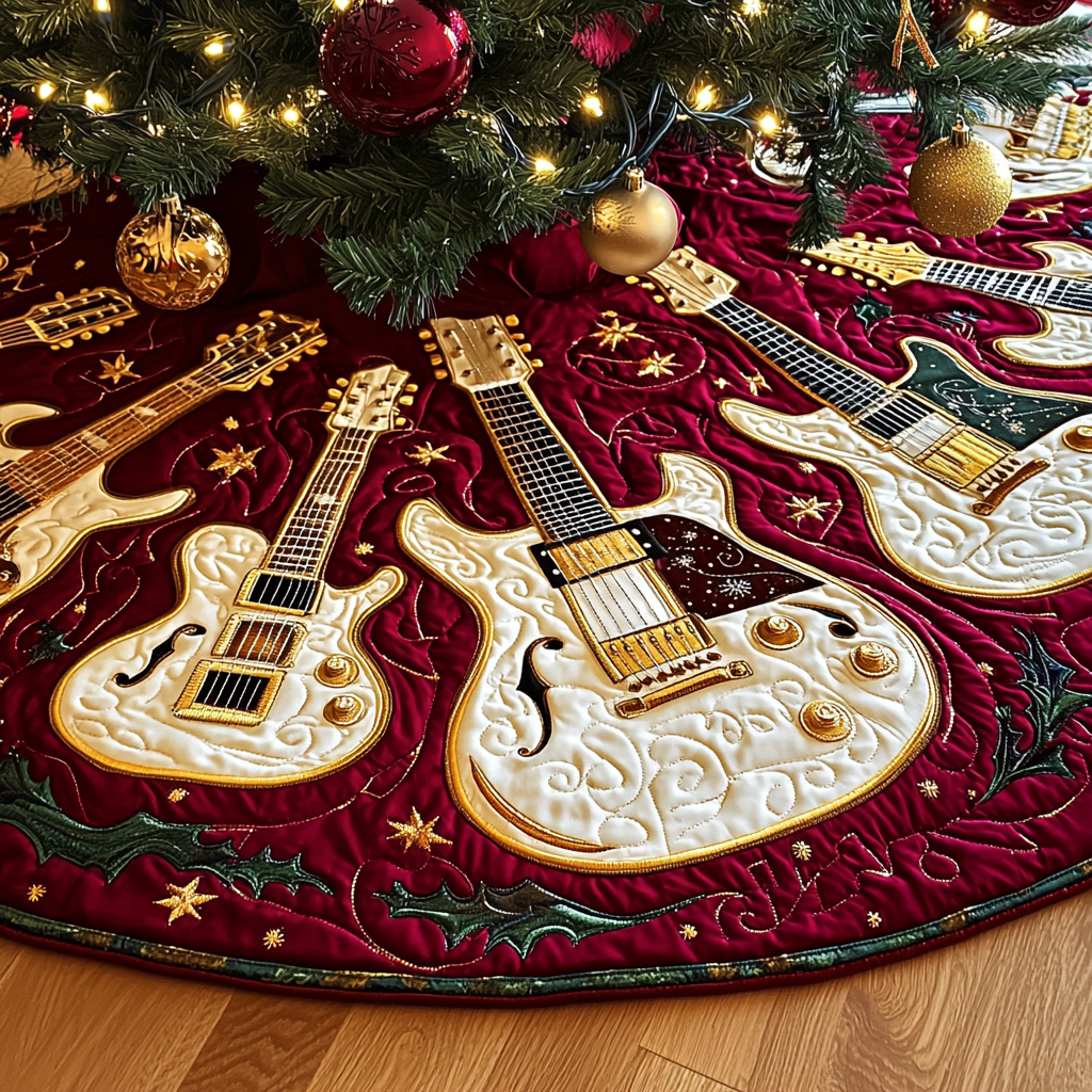 Festive Gold Guitar Quilted Tree Skirt Perfect Home For Christmas Tree Merch