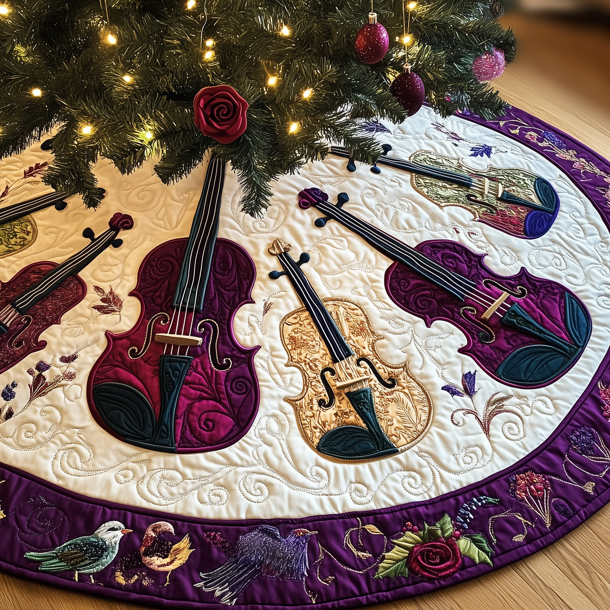 Festive Purple Violins Quilted Tree Skirt Holiday Tree Skirt Must-Have