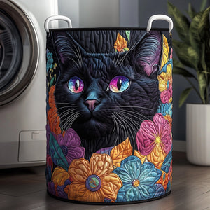 Floral Black Cat Quilted Laundry Basket Holiday Gift For Laundry Lovers