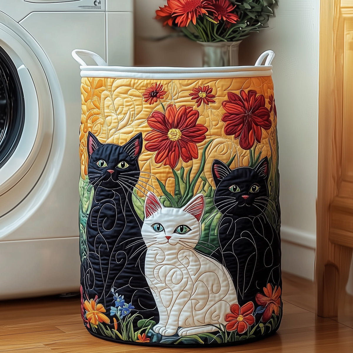 Floral Cats Quilted Laundry Basket Ideal Gift For Mom