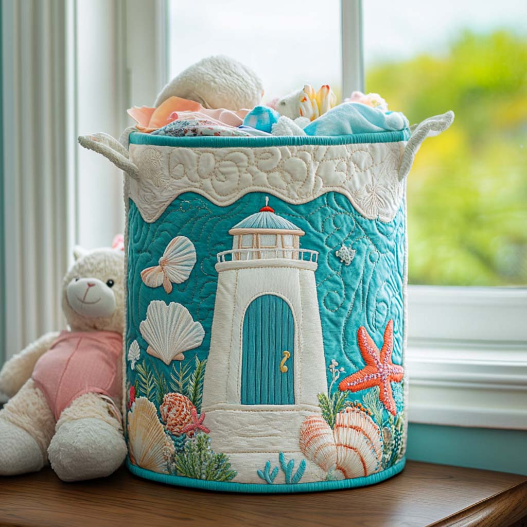 Foggy Lighthouse Path Quilted Laundry Basket Merch For Couples